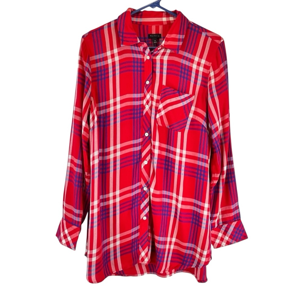 Talbots Plaid Long Sleeve Button Up‎ Shirt Tunic Red Blue Sz M